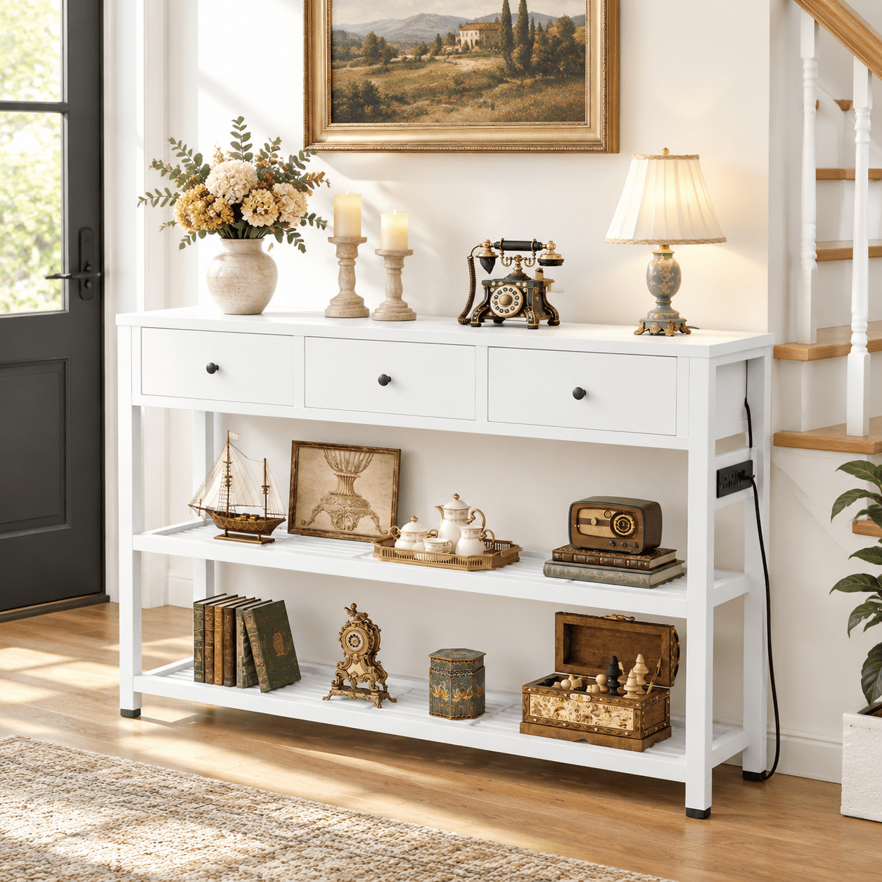 White 47-In. Console Table with Outlets and USB Ports, 3 Drawers and ...