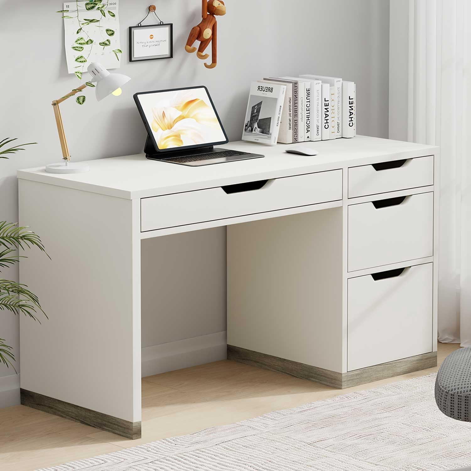 White 48-Inch Small Computer Desk with 4 Storage Drawers for Home ...