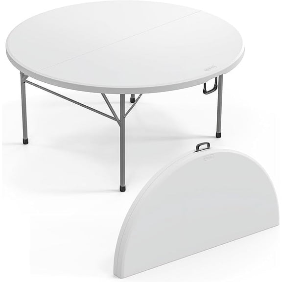 White 48" Round Bi-Folding Commercial Table, 4 Feet Portable Plastic Dining Card Table for Kitchen or Outdoor Party Wedding Event, 1-Pack