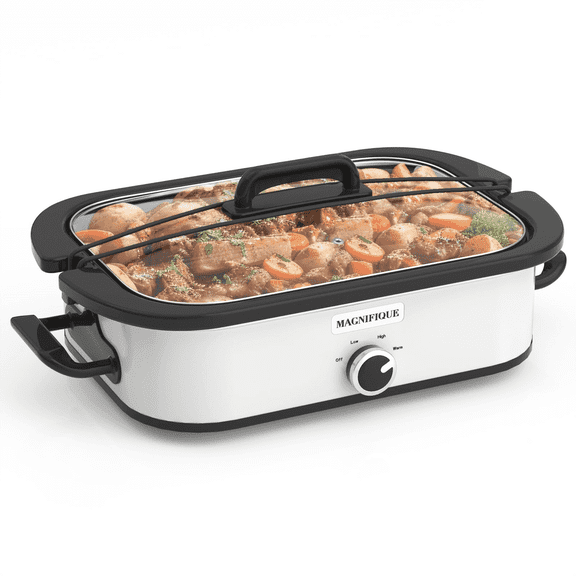 MAGNIFIQUE 4 Qt Manual Slow Cooker, Black Ceramic Stoneware & Glass Lid, 3 Setting Cooking for Family Dinners & Meal Prep