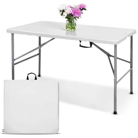 White 4ft Folding Table with Handle | Heavy-Duty Foldable Table | Portable Table for Indoor & Outdoor Use | Perfect for Events, Camping, Parties, Dining & More