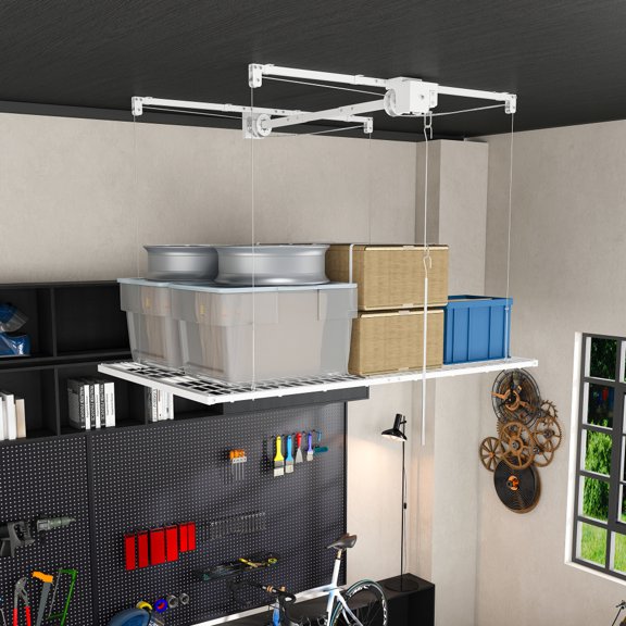 White 4x8 FT Crank Down Overhead Garage Storage Rack for 1012 FT High Ceilings, 350 LBS All-Steel Ceiling Mount Storage Lift with Manual Safety Lock, Heavy Duty Garage Organizer for Tires, Camping G