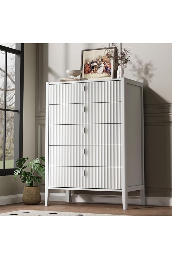 White 5 Drawer Dresser, Modern Tall Dresser for Bedroom, Fluted Wood Chest of Drawers with Deep Drawers for Clothes, Storage Cabinet for Bedroom, Living Rooms, Offices, Entryways