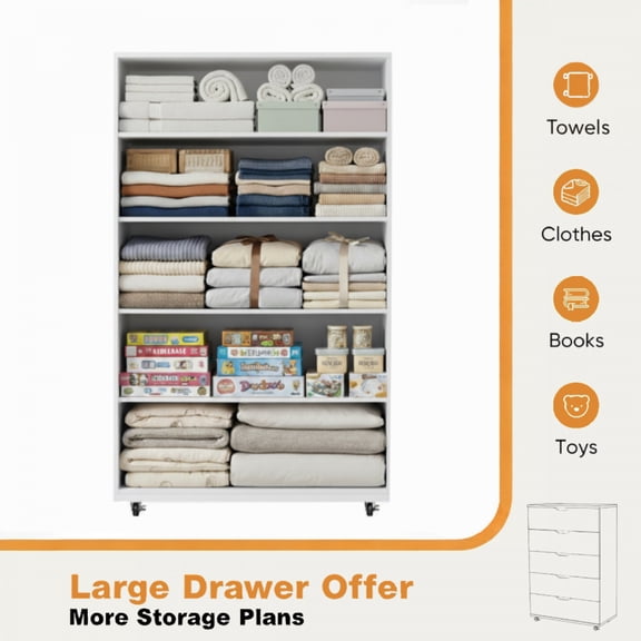 White 5 Drawer Dresser With Wheels Modern Storage Cabinet Spacious Storage Scratch Resistant Melamine Finish