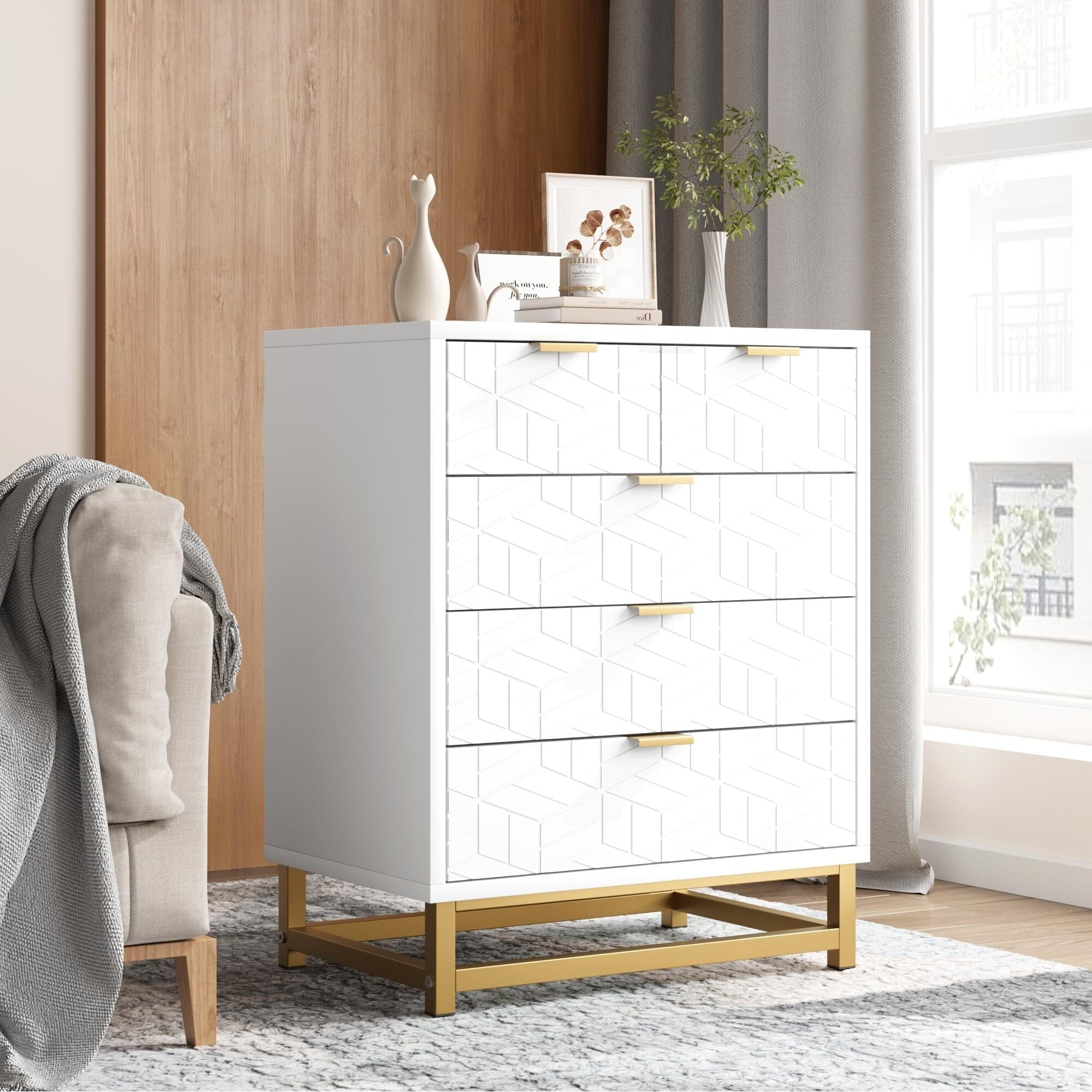 White and Gold Modern 5-Drawer Dresser with Engraved Patterns