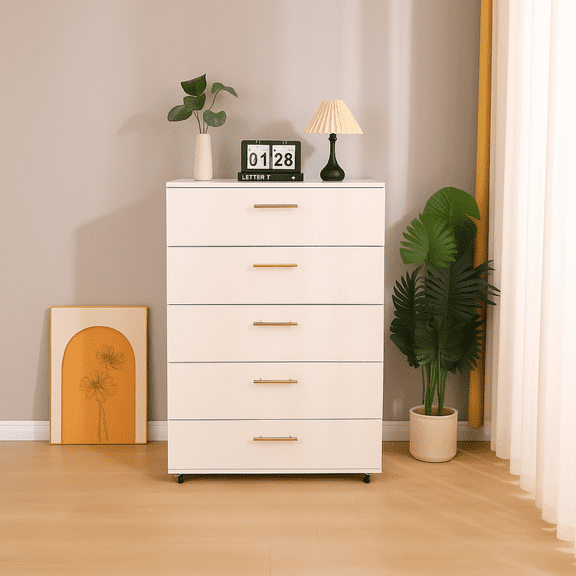 White 5-Drawer Dresser with Metal Handles Modern Storage Cabinet with 4 Swivel Wheels Scratch-Resistant Melamine Finish