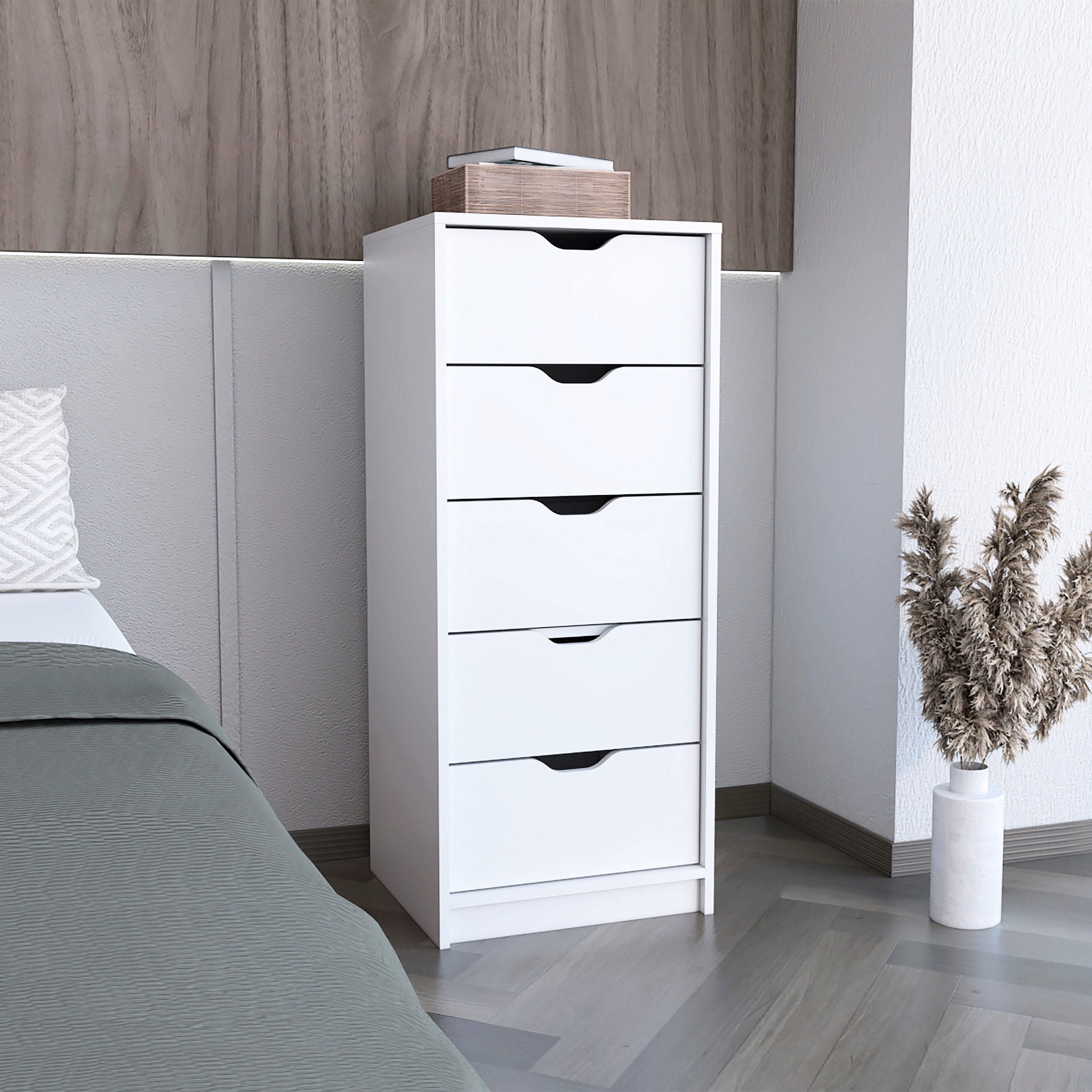 White 5 Drawer Tall Dresser, Pull-Out Design - Bedroom Storage Upgrade ...