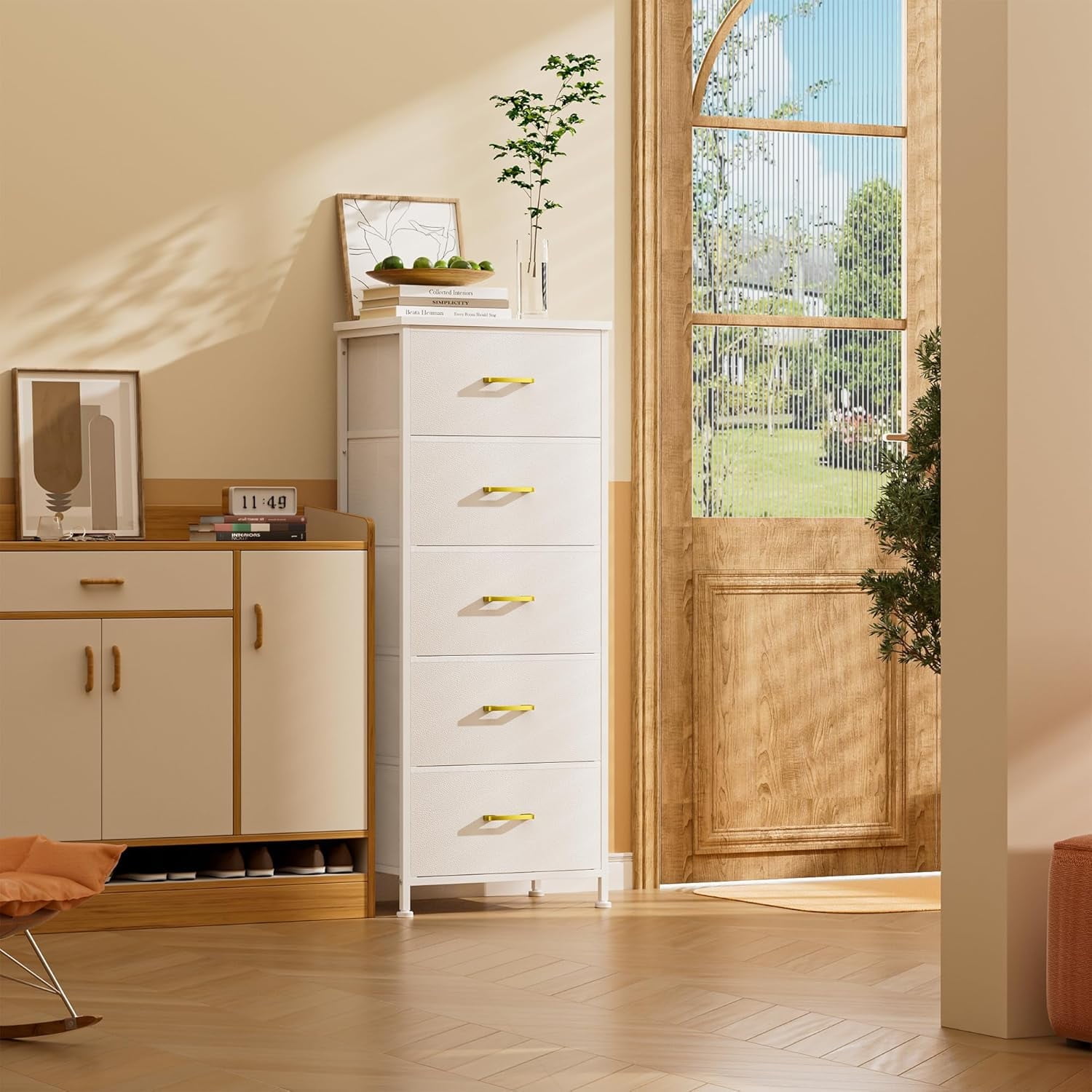 White 5-Drawer Tall Dresser for Bedroom & Closet, with Leather Front, Metal  Handles, Wood Top for Living Room, Nursery, and More, White - Walmart.com