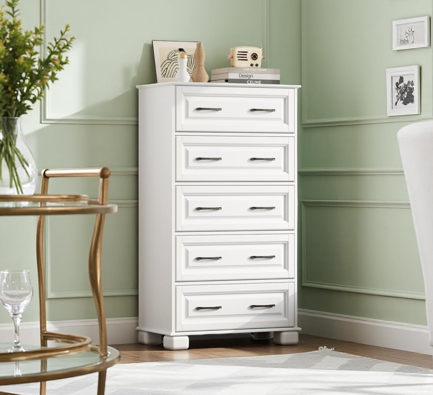white christmas dresses Benjara Kira 50 Inch Tall Dresser Chest, 5 Dovetail Drawers, Black  Rubberwood main image 1