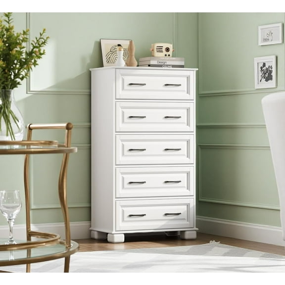 White 5 Drawer Wood Dresser, 50" Wood Chest of Drawers for for Bedroom, Modern Storage Cabinet Organizer Dresser for Closet, Living Room, Entryway, Hallway, Living Room