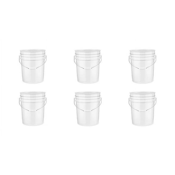 White 5 Gallon Heavy Duty Plastic Buckets 6-Pack | 90 Mil Food Grade HDPE