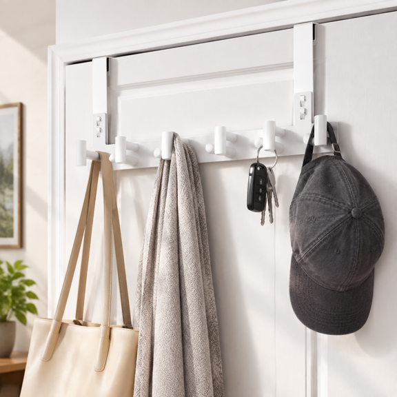 White 5-Hook T-Shape Door Hanger for Towels, 3/8-Inch