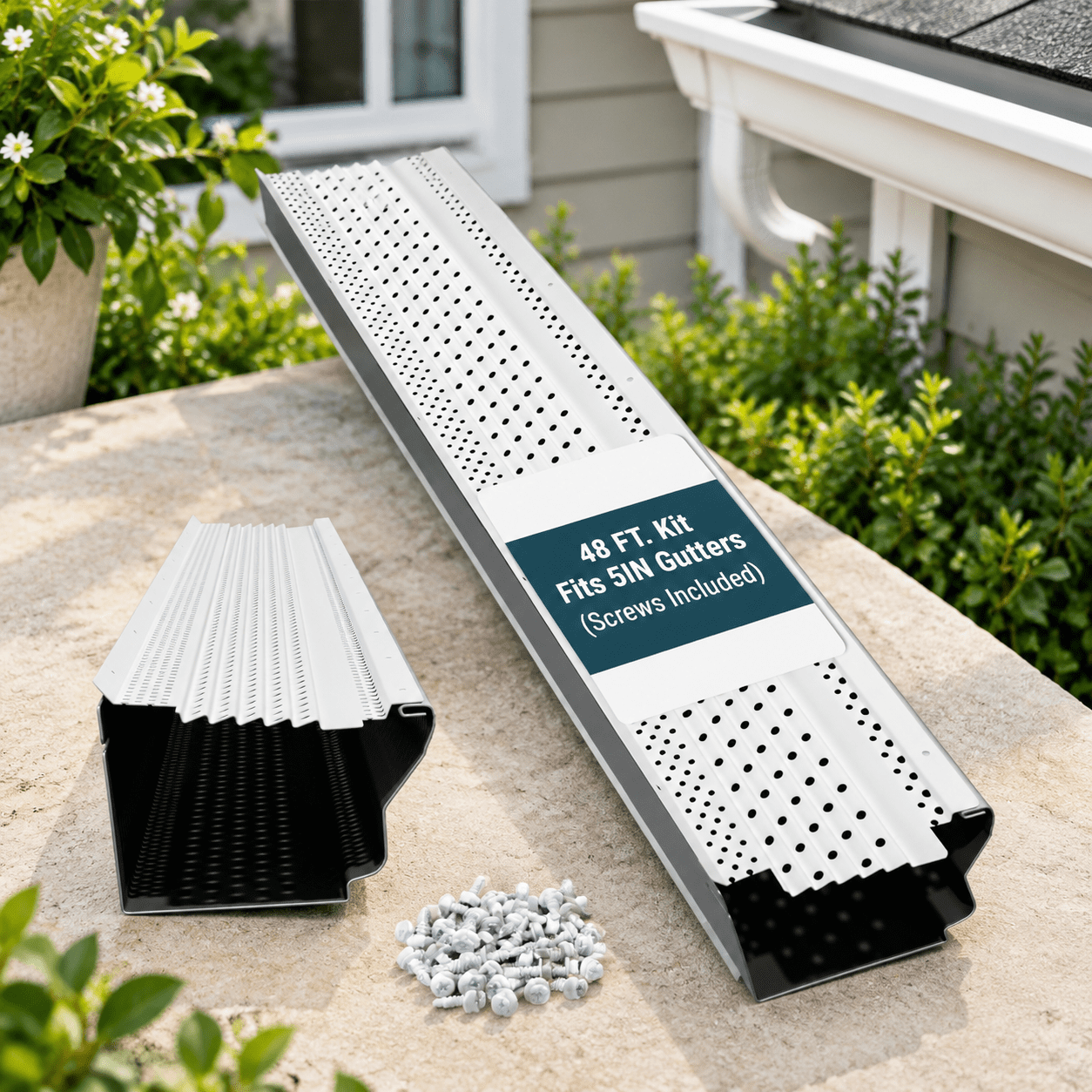 Aluminium Square Gutter White 5 IN. x 48 FT. Gutter Guard Kit, All-Aluminum, DIY Friendly ...