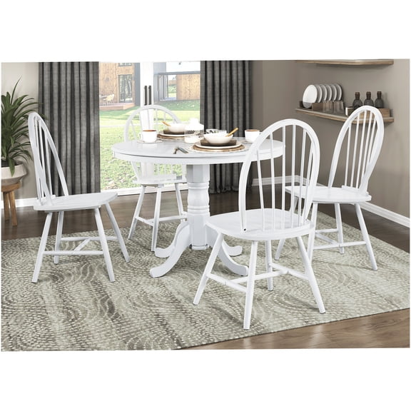 White 5-Piece Round Dining Set with Pedestal Table and 4 Windsor Chairs for Kitchen Breakfast Nook