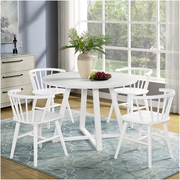 White 5-Piece Round Dining Set with Trestle Table and 4 Windsor Chairs, Solid Wood Construction for Modern Dining Room