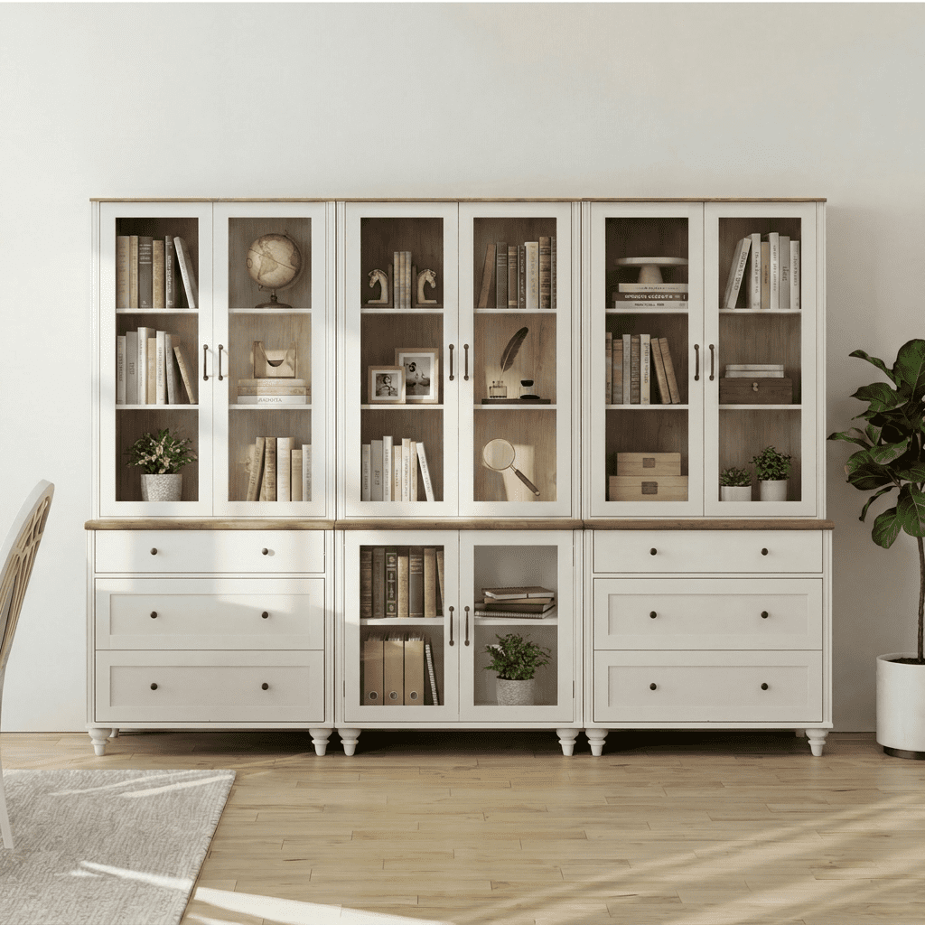 White 5-Tier Bookcase with Glass Doors and Adjustable Shelf, Bookshelf with 6 Drawers, Farmhouse Library Wooden Bookshelves for Living Room, Office, Kitchen