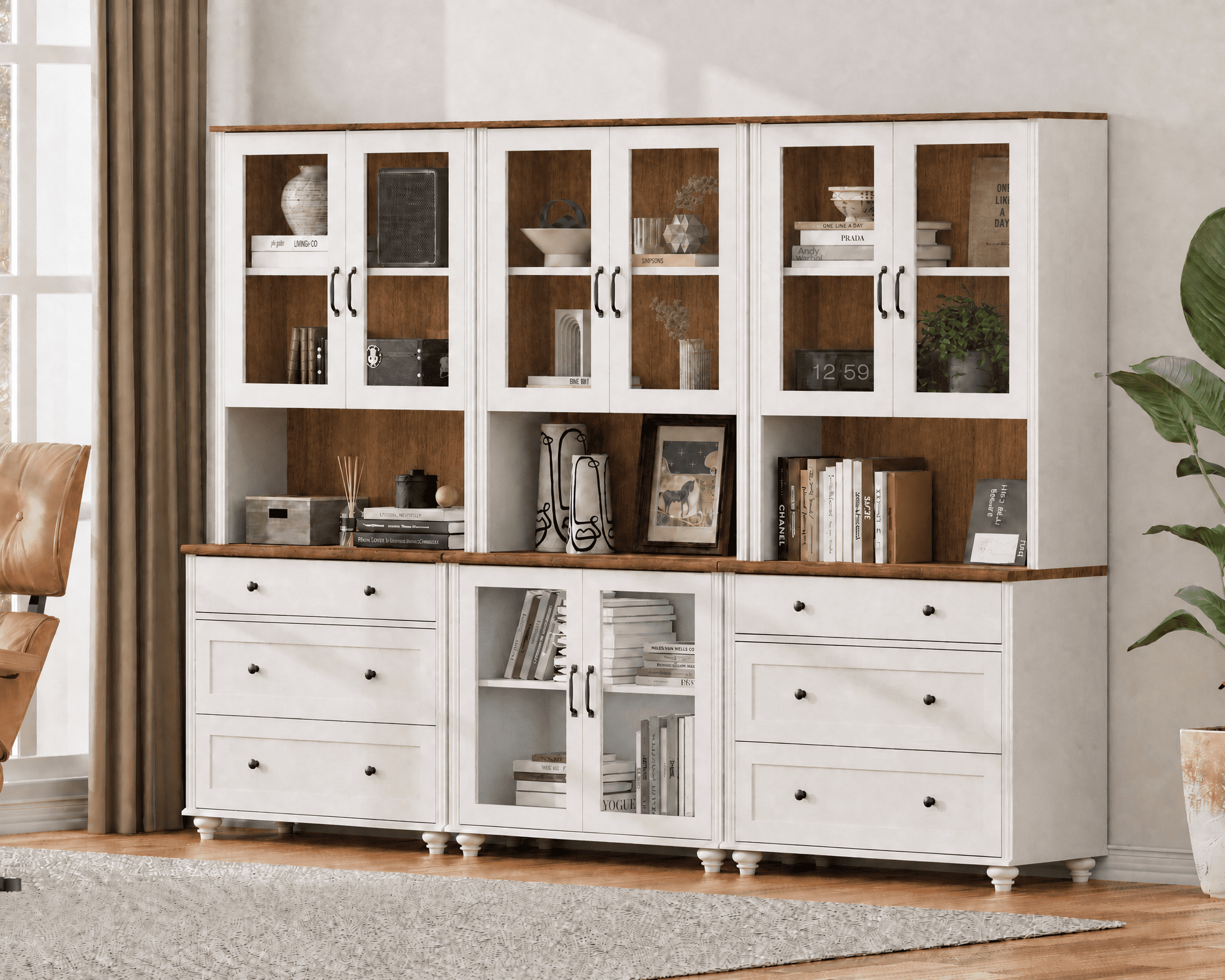 White 5-Tier Bookcase with Glass Doors and Adjustable Shelf, Bookshelf with 6 Drawers, Farmhouse Library Wooden Bookshelves for Living Room, Office, Study Room