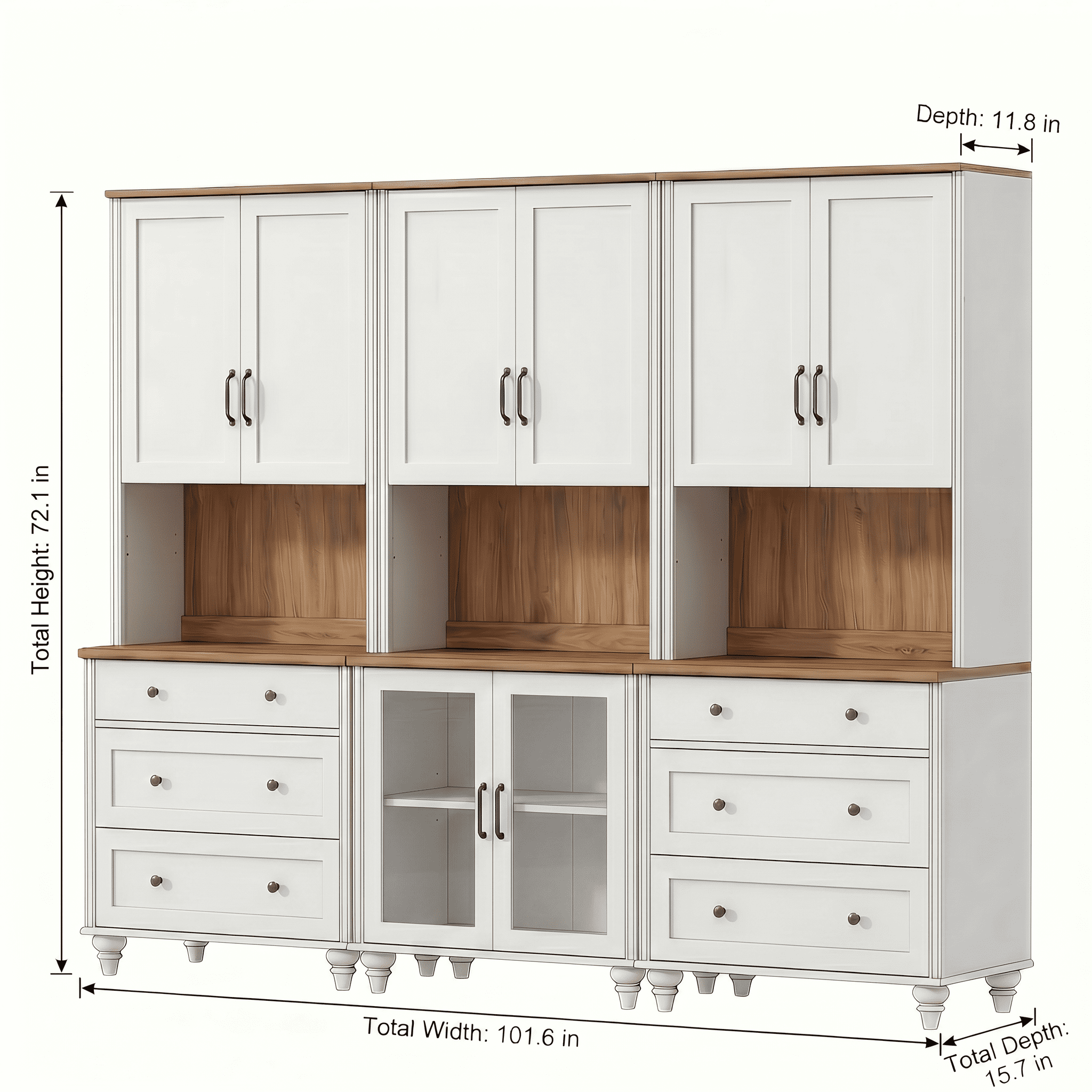 White 5-Tier Bookcase with Glass Doors and Adjustable Shelf, Bookshelf with 6 Drawers, Farmhouse Library Wooden Bookshelves for Living Room, Office, Study Room
