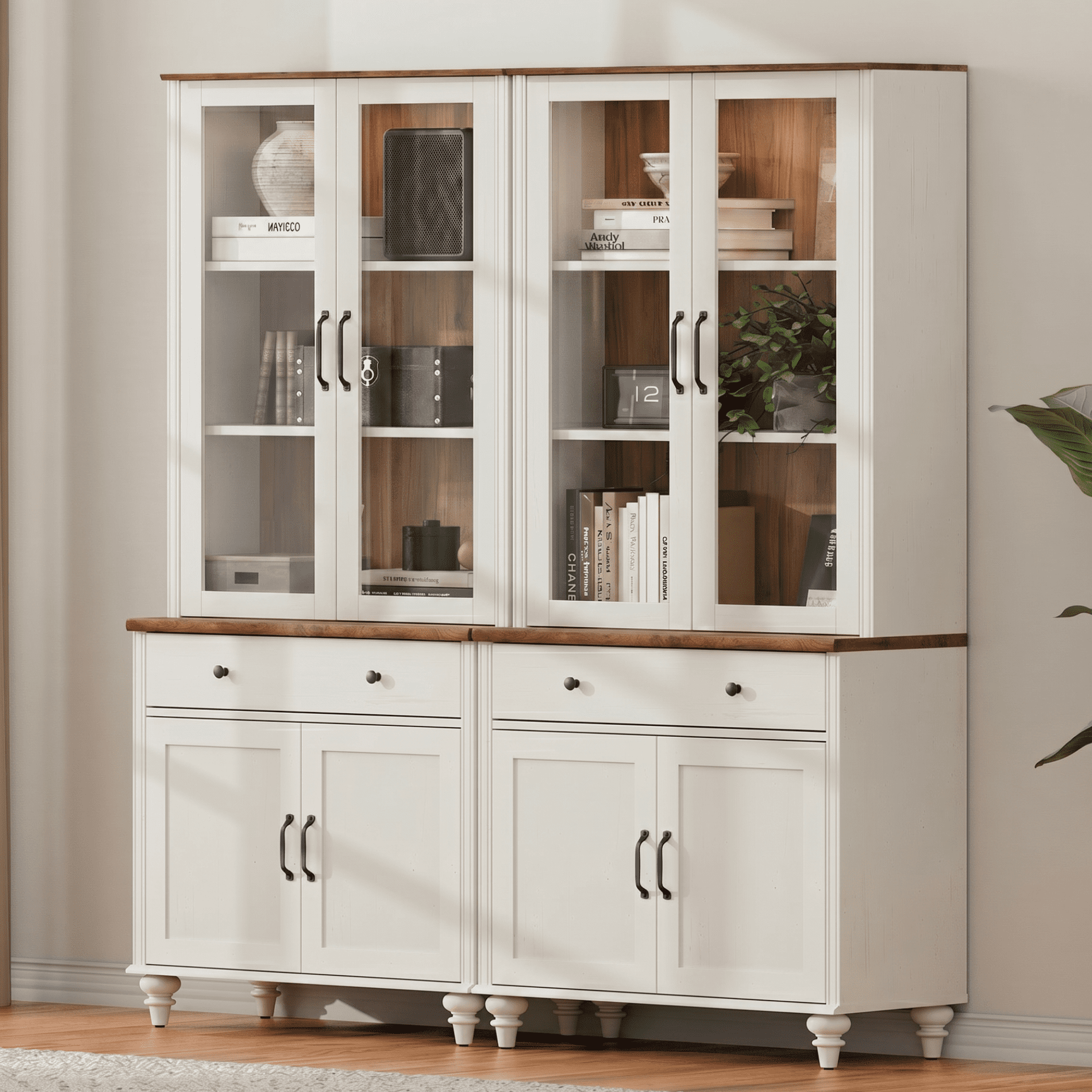 White 5-Tier Bookcase with Glass Doors, Farmhouse Bookshelf with Ample Storage Cabinet, Large Library Wooden Bookshelves for Living Room, Office, Kitchen