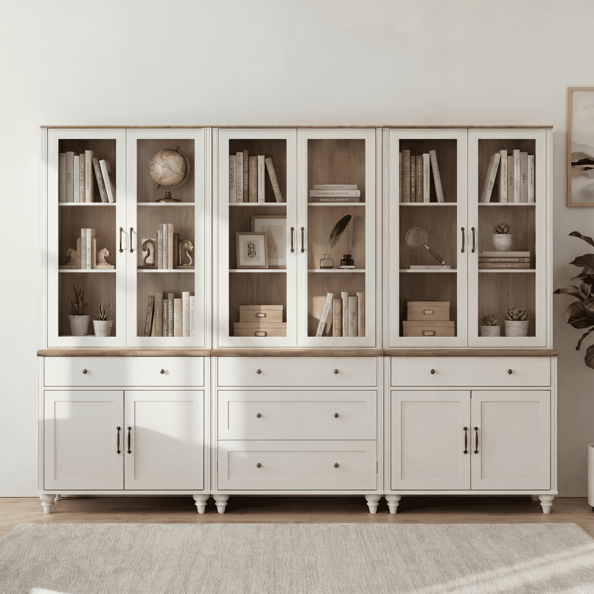 White 5-Tier Bookcase with Glass Doors, Large Bookshelf with Ample Storage Cabinet, Farmhouse Library Wooden Bookshelves for Living Room, Office, Kitchen