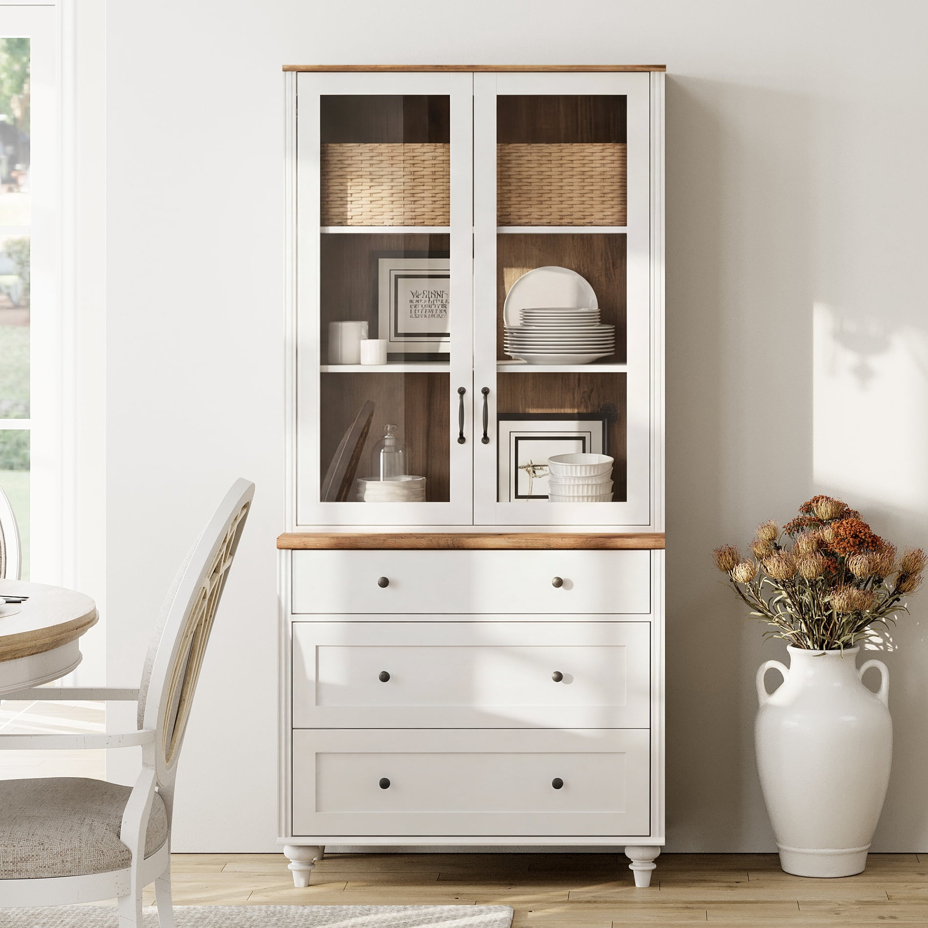 White 5-Tier Bookcase with Glass Doors, Bookshelf with 3 Drawers, Farmhouse Library Wooden Bookshelves for Living Room, Office, Kitchen