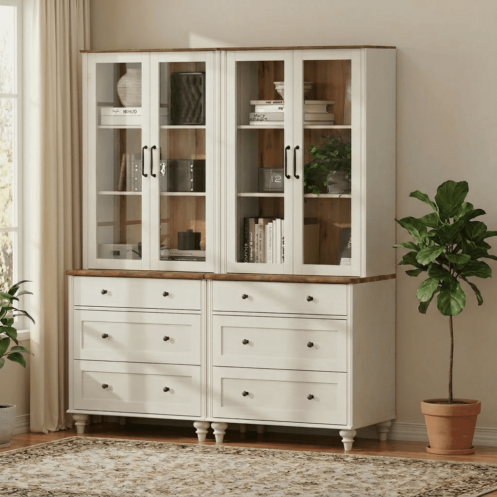 White 5-Tier Bookcase with Glass Doors, Bookshelf with 6 Drawers, Farmhouse Library Wooden Bookshelves for Living Room, Office, Kitchen