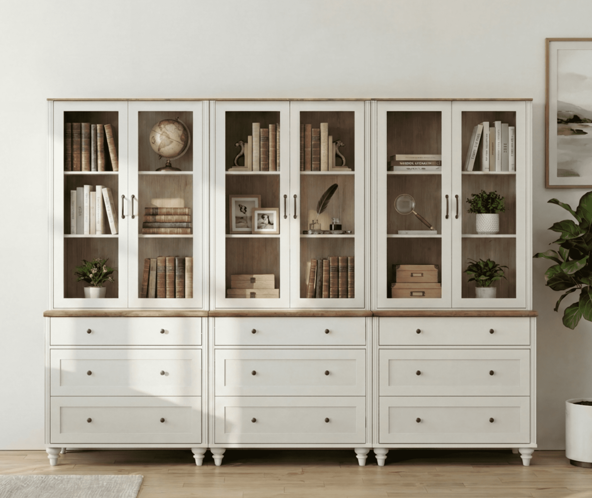 White 5-Tier Bookcase with Glass Doors, Bookshelf with 9 Drawers, Farmhouse Library Wooden Bookshelves for Living Room, Office, Kitchen