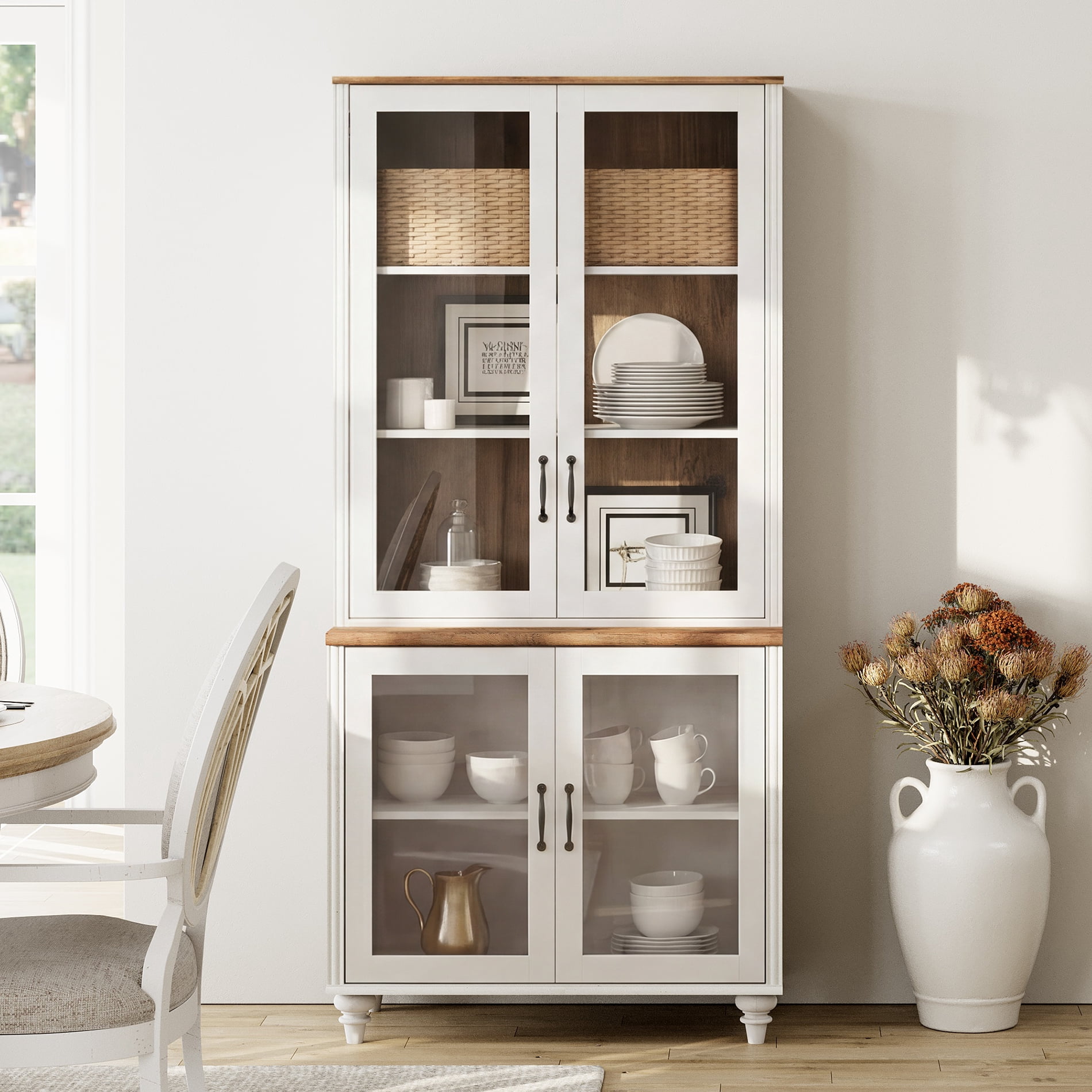 White 5-Tier Bookcase with Glass Doors and Adjustable Shelf, Farmhouse Library Wooden Bookshelves for Living Room, Office, Kitchen