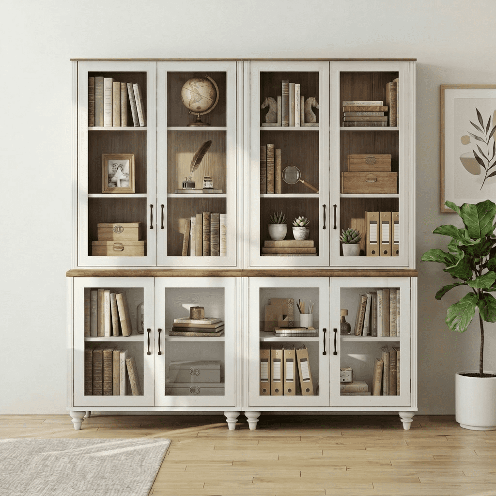 White 5-Tier Bookcase with Glass Doors and Adjustable Shelf, Large Library Wooden Bookshelves for Living Room, Office, Kitchen