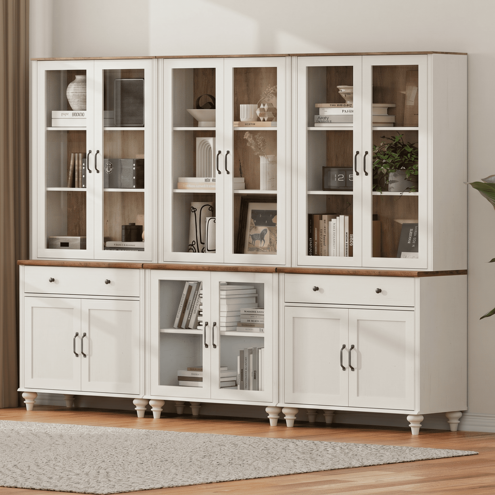 White 5-Tier Bookcase with Glass Doors with Ample Storage Cabinets, Large Library Wooden Bookshelves for Living Room, Office, Kitchen