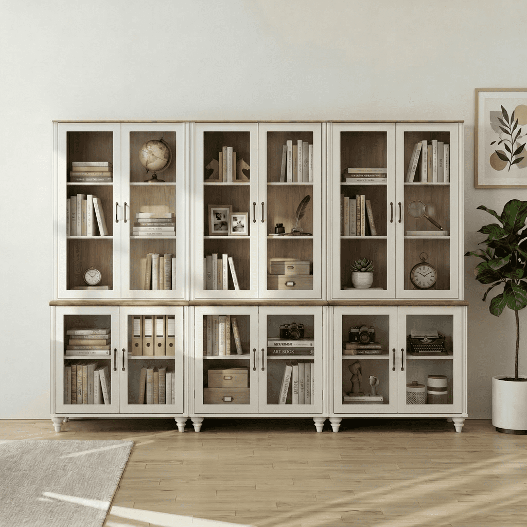 White 5-Tier Large Bookcase with Glass Doors and Adjustable Shelf, Library Wooden Bookshelves for Living Room, Office, Kitchen