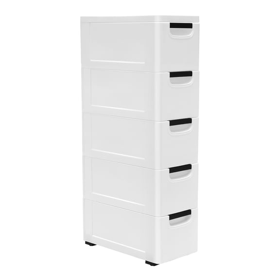 White 5-Tier Narrow Plastic Drawer Storage Cabinet, Mobile Stackable Clothes Organizer, 7.8715.7533.07in Storage Tower for Home Bedroom Office