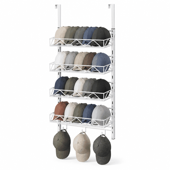 White 5-Tier Over Door or Wall Mounted Hat Organizer Rack with Baskets and Hooks
