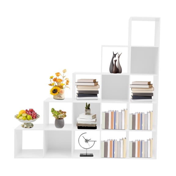 White 5-Tier Stepped Bookshelf, 15 Cube Storage Organizer, Freestanding Ladder Bookcase, L-Shaped Corner Shelf, Room Divider Shelf, 57.5" Tall Modern Display Shelf for Home Office Living Room