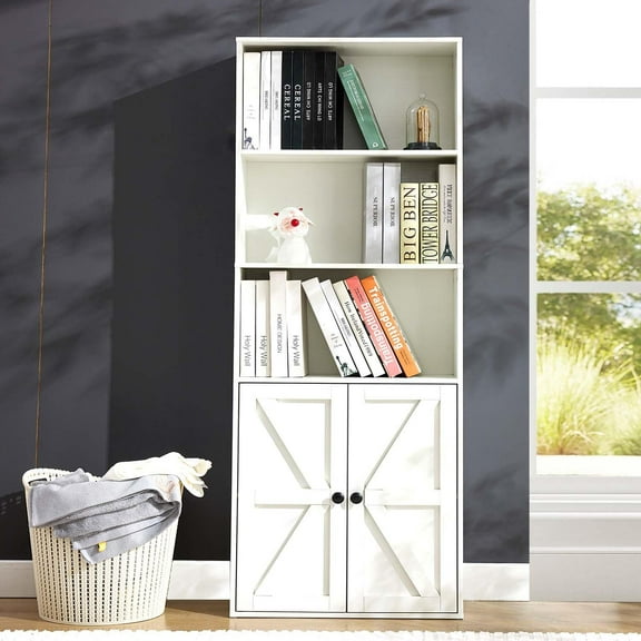 White 5-Tier Tall Bookshelf and Bookcase, 59.7" Wooden Bookshelves with Cabinet Doors, 5 Shelf Display Storage Shelves for Living Room, Office Furniture for Small Spaces