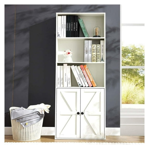 White 5 Tier Tall Bookshelf with Doors, Wide Bookcase with Storage Cabinet, Wooden 5 Shelf for Home Office and Living Room,Bedroom