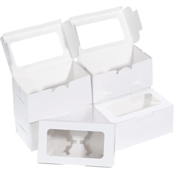 White 50 Pack Cupcake Boxes With Window And Inserts, 2 Hole Cake Boxes, Bakery Boxes, Cardboard Packaging Box
