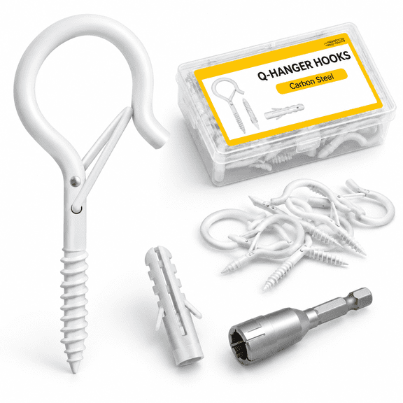 White 50-Pack Q Hanger Hooks With Safety Buckle, 2.2 Inch Windproof Screw Hooks For Outdoor String Lights