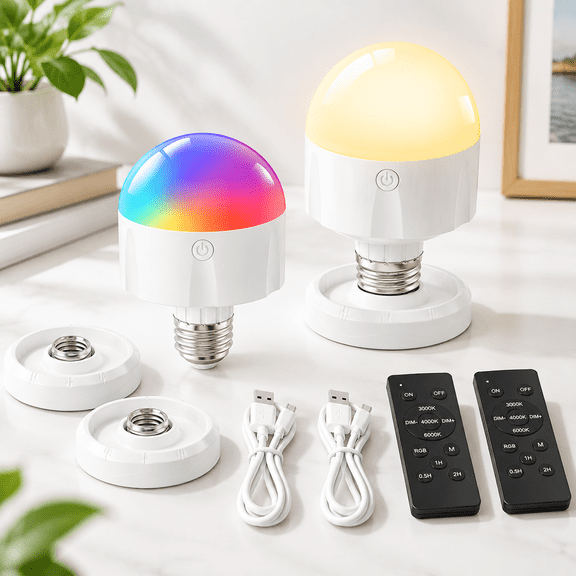 White-5000 5000mAh Rechargeable E26 LED Light Bulb with Remote and Timer