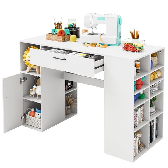 White 53" Craft Table with Storage, Sewing Desk with 14 Cube Shelves, Large Drawer & 2-Shelf Cabinet, 36" Counter Height Workstation for Artwork