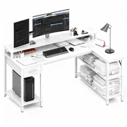 White 53-Inch L-Shaped Gaming Desk with RGB LED Lights, USB Charging Station, Power Outlet, Monitor Stand & Storage Shelves