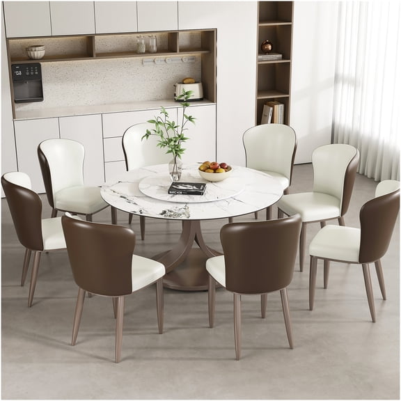 White 53 Inch Round Dining Table with Rotating Lazy Susan, Stainless Steel Base, Heat and Scratch Resistant Sintered Stone Top for 8 Seats