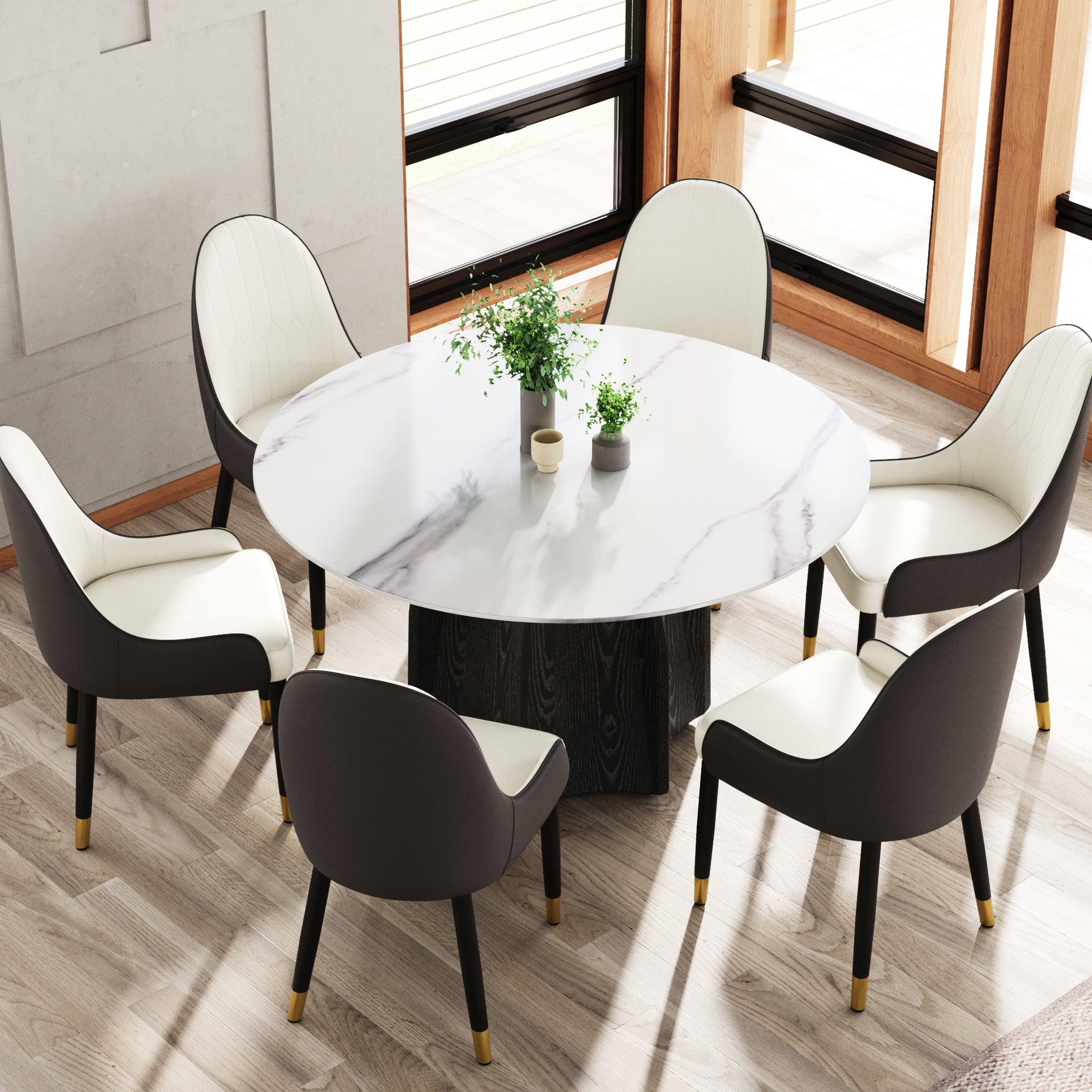 White 53" Round Dining Table - Sintered Stone Surface & Textured Solid ...