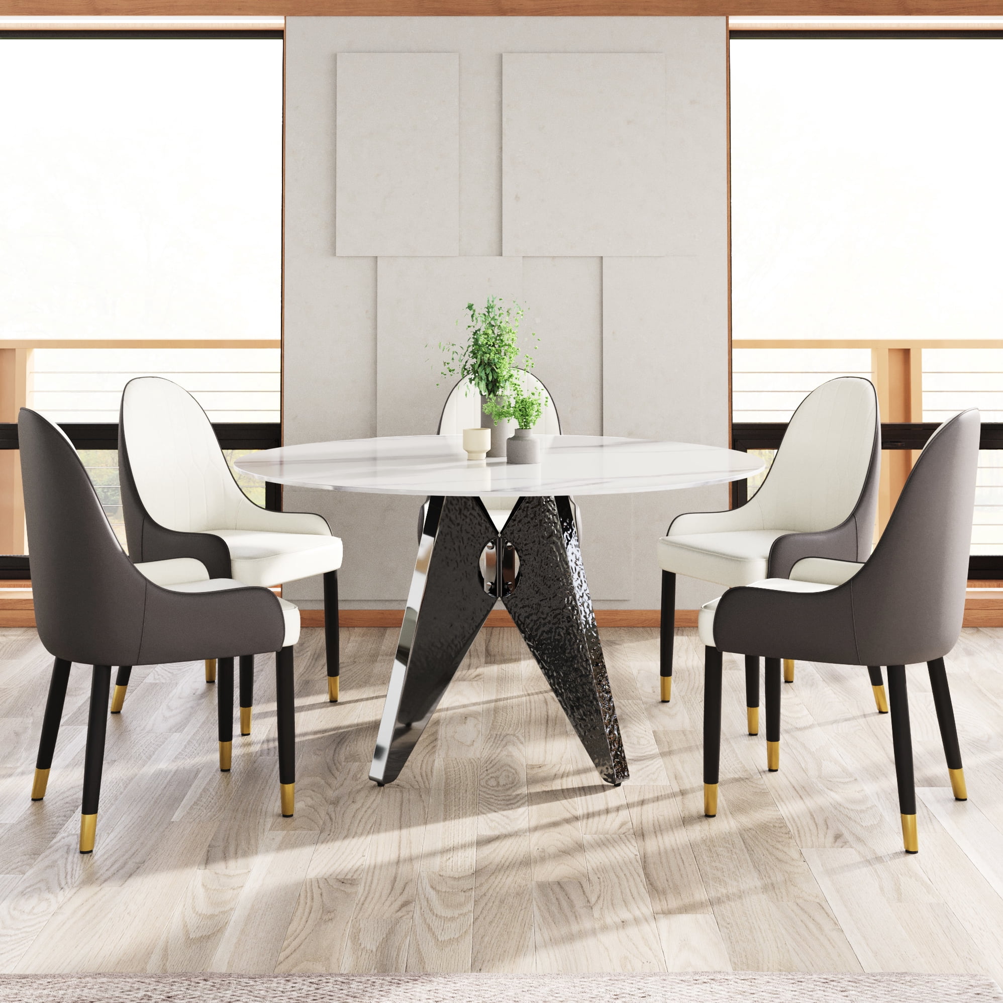 White 53" Round Dining Table, With Solid Sintered Stone Top And Silver ...