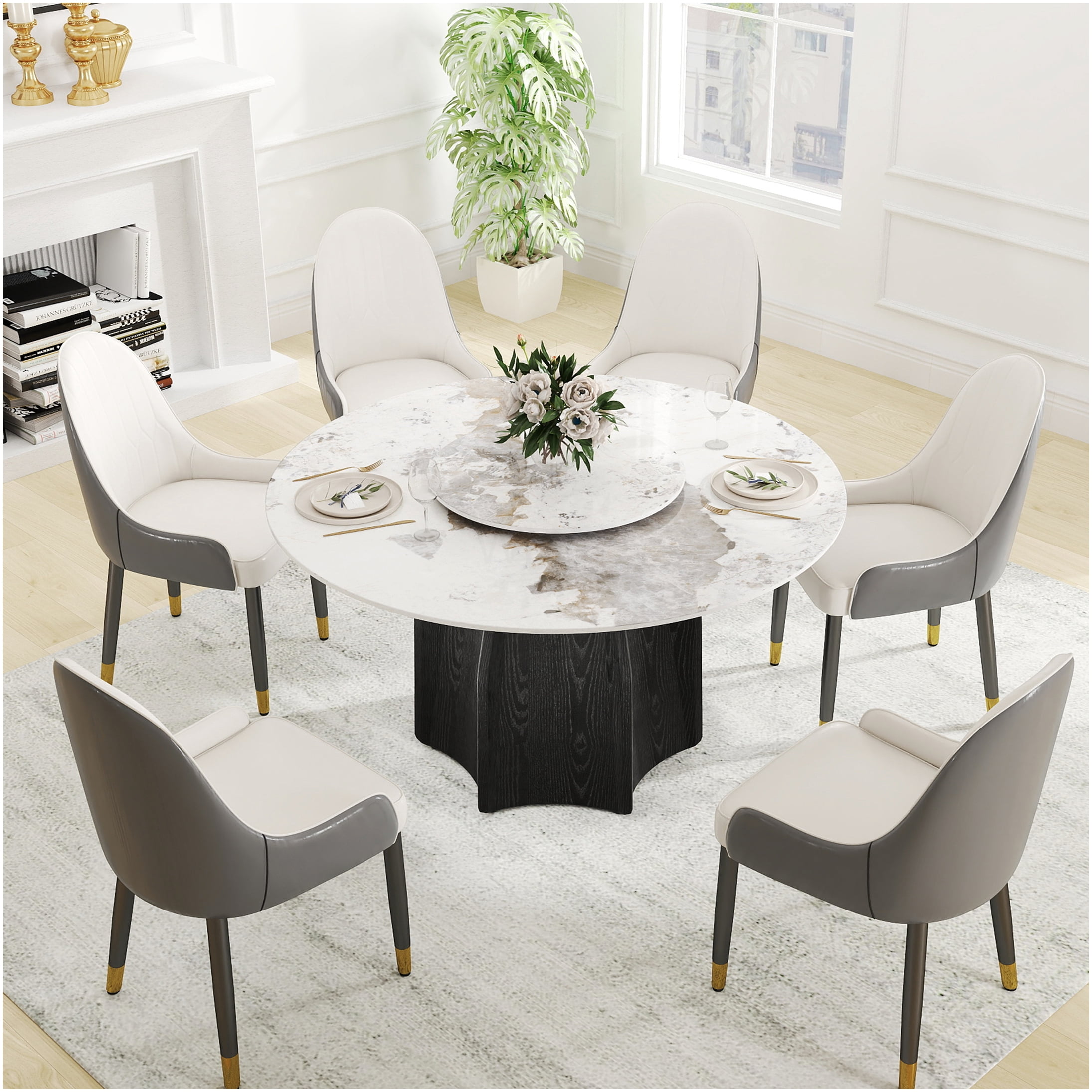 White 53 inch Round Dining Table with Rotating Top for 6, Modern ...