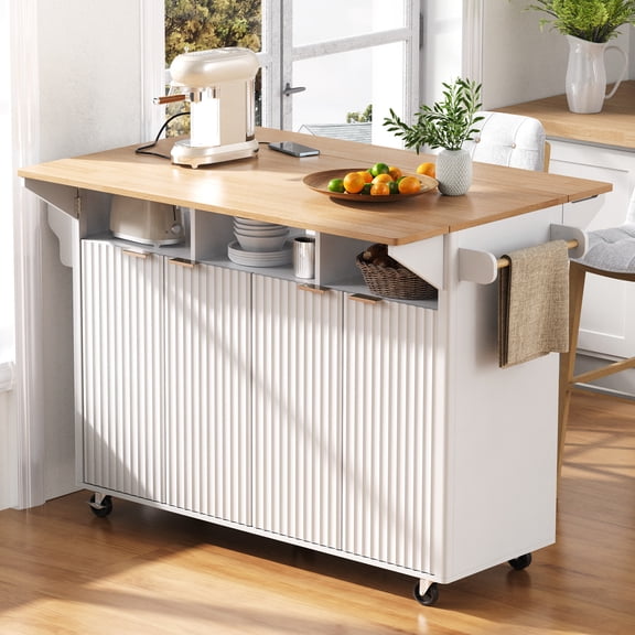 White 55.5" Fluted Rolling Kitchen Island with 2 Drop Leaves & Power Outlet