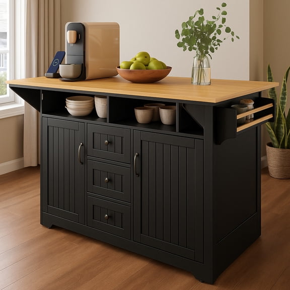 White 55.7'' Large Kitchen Island with 2 Drop Leaf,, Rolling Kitchen Cart on 5 Wheels with Power Outlet, Folding Storage Dining Table with Spice & Towel Rack , 3 Drawers, for Kitchen, Dining Room