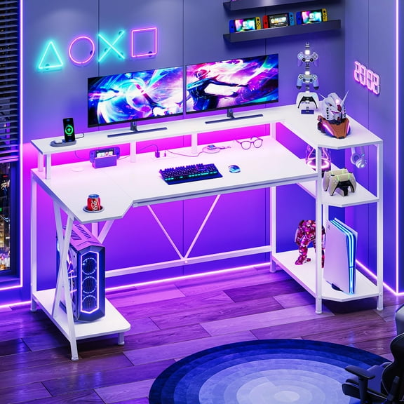 White 55" Gaming Desk with Monitor Stand, Computer Desk with LED Lights and Storage Shelves, Power Outlets and Cup Holder, Large PC Gaming Table for Bedroom Living Room