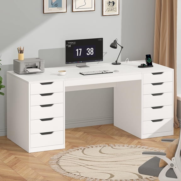 White 55 Inch Computer Desk with 10 Drawers and Outlets for Home Office