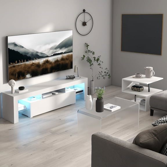 White 55-Inch LED TV Console | Adjustable Lighting with 4 Modes in Bedroom | Particle Board and Glass Partition | Two-Person Assembly for CDs